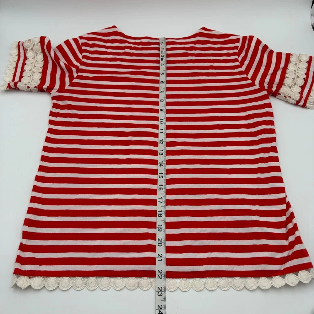 J.Crew Womens XS Red White Striped Eyelet Lace Trim Short Sleeve Cotton Top